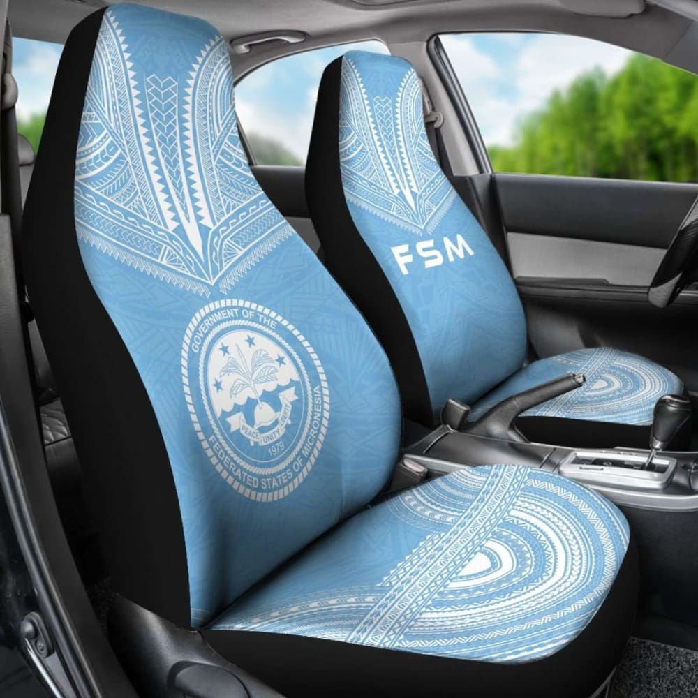 Federated States Of Micronesia Car Seat Cover - F S M Seal Polynesian Chief Tattoo Light Blue Version -