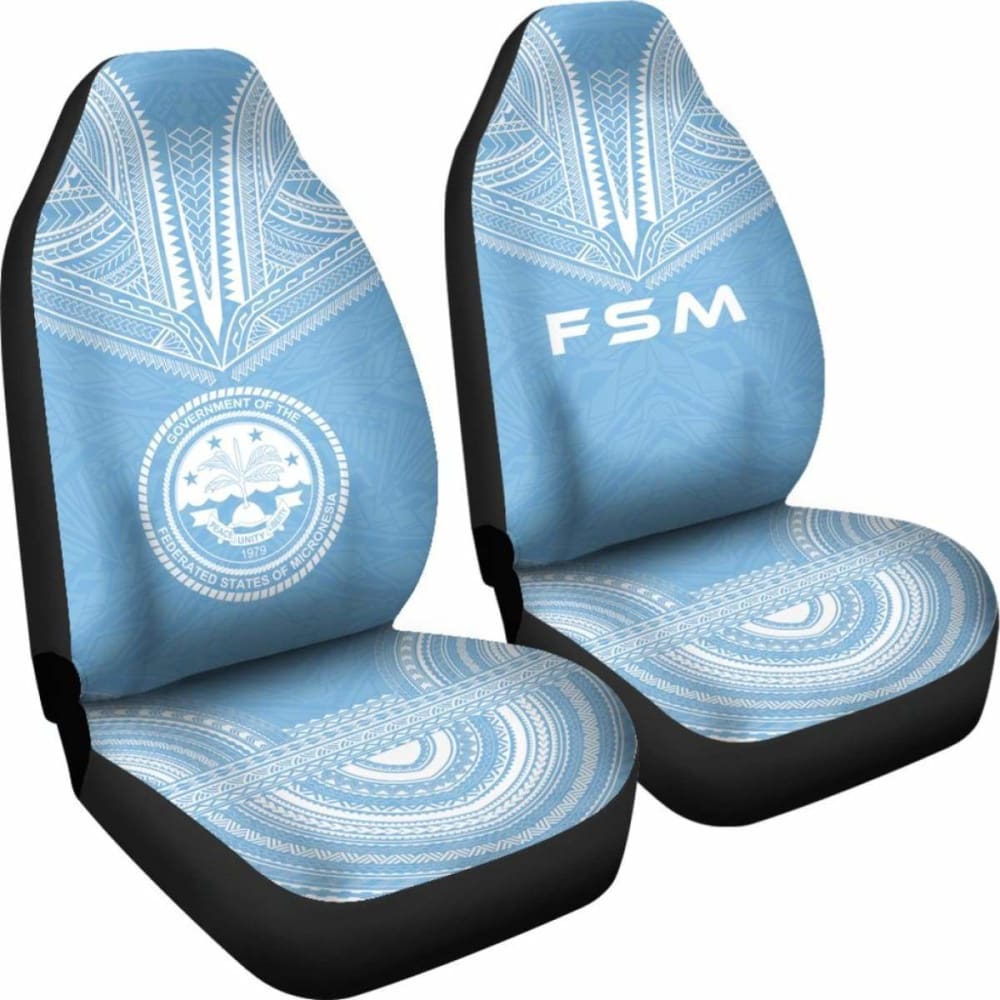 Federated States Of Micronesia Car Seat Cover - F S M Seal Polynesian Chief Tattoo Light Blue Version -