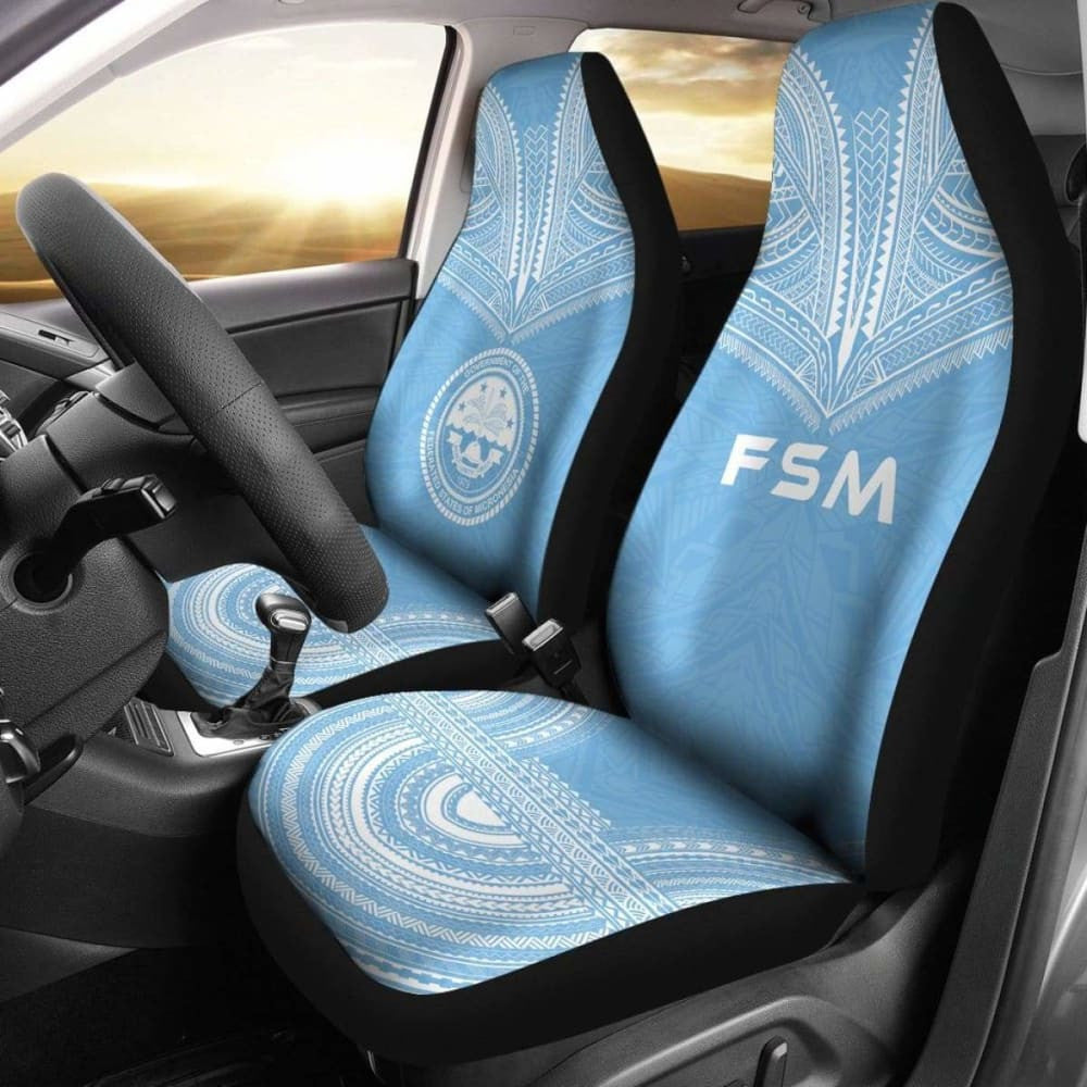 Federated States Of Micronesia Car Seat Cover - F S M Seal Polynesian Chief Tattoo Light Blue Version -