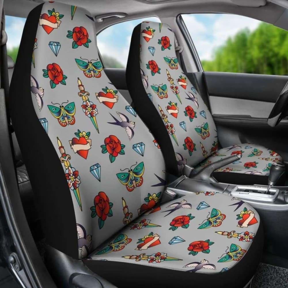 Old School Tattoo Traditional Vintage Style Pattern On Gray Car Seat Covers
