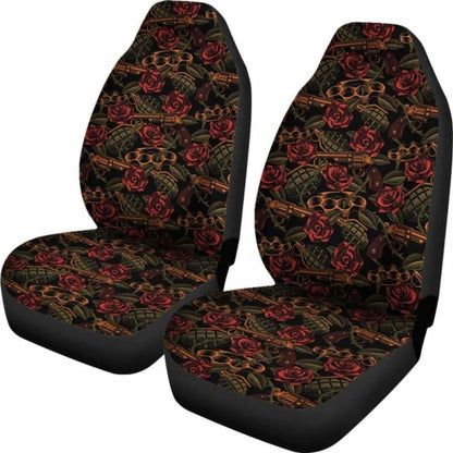 Roses With Grenades, Guns And Brass Knuckles Car Seat Covers Weapons Pattern Seat Protectors
