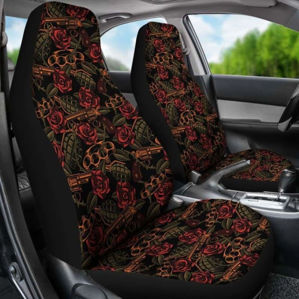 Roses With Grenades, Guns And Brass Knuckles Car Seat Covers Weapons Pattern Seat Protectors