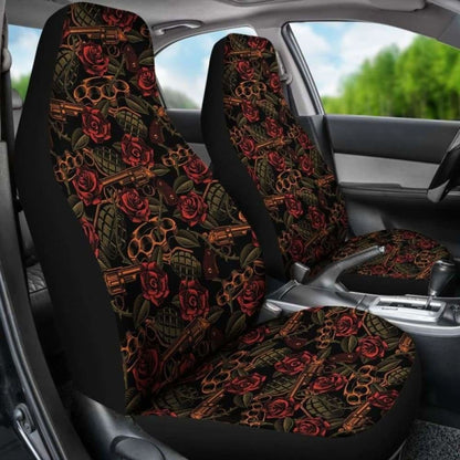 Roses With Grenades, Guns And Brass Knuckles Car Seat Covers Weapons Pattern Seat Protectors