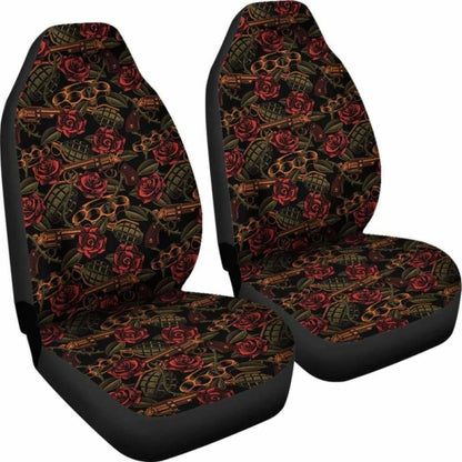 Roses With Grenades, Guns And Brass Knuckles Car Seat Covers Weapons Pattern Seat Protectors