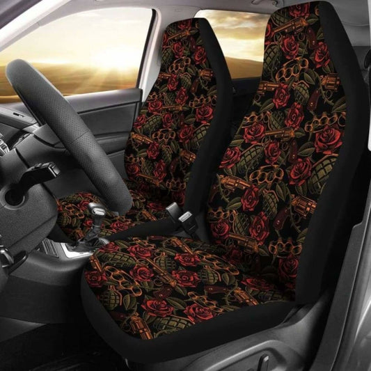 Roses With Grenades, Guns And Brass Knuckles Car Seat Covers Weapons Pattern Seat Protectors