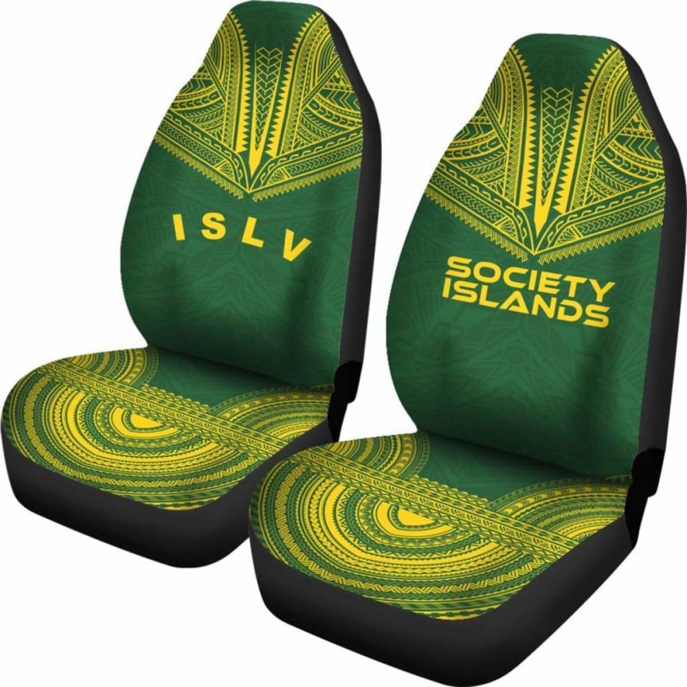 Society Islands Car Seat Cover - Society Islands Flag Polynesian Chief Tattoo Green Version -
