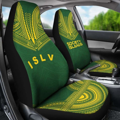 Society Islands Car Seat Cover - Society Islands Flag Polynesian Chief Tattoo Green Version -
