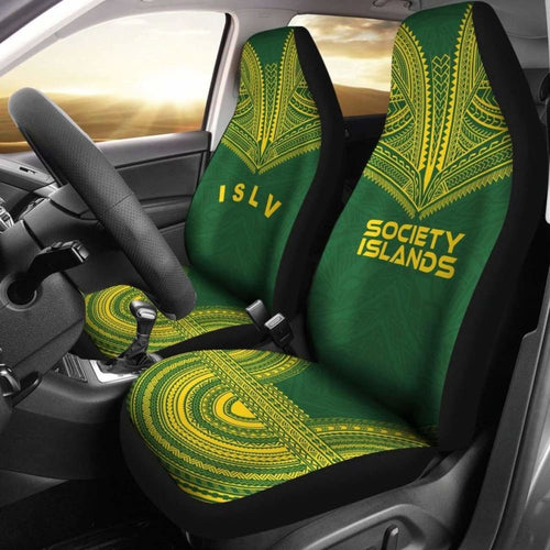 Society Islands Car Seat Cover - Society Islands Flag Polynesian Chief Tattoo Green Version -
