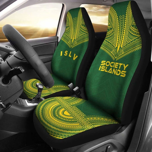 Society Islands Car Seat Cover - Society Islands Flag Polynesian Chief Tattoo Green Version -