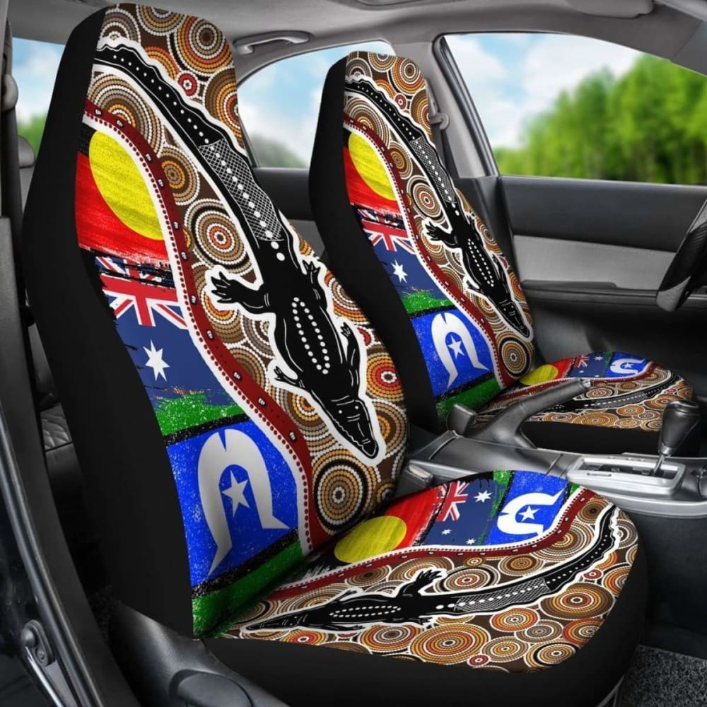 Australian \bCar Seat Covers - Australian Aboriginal Crocodile With Naidoc Flags -