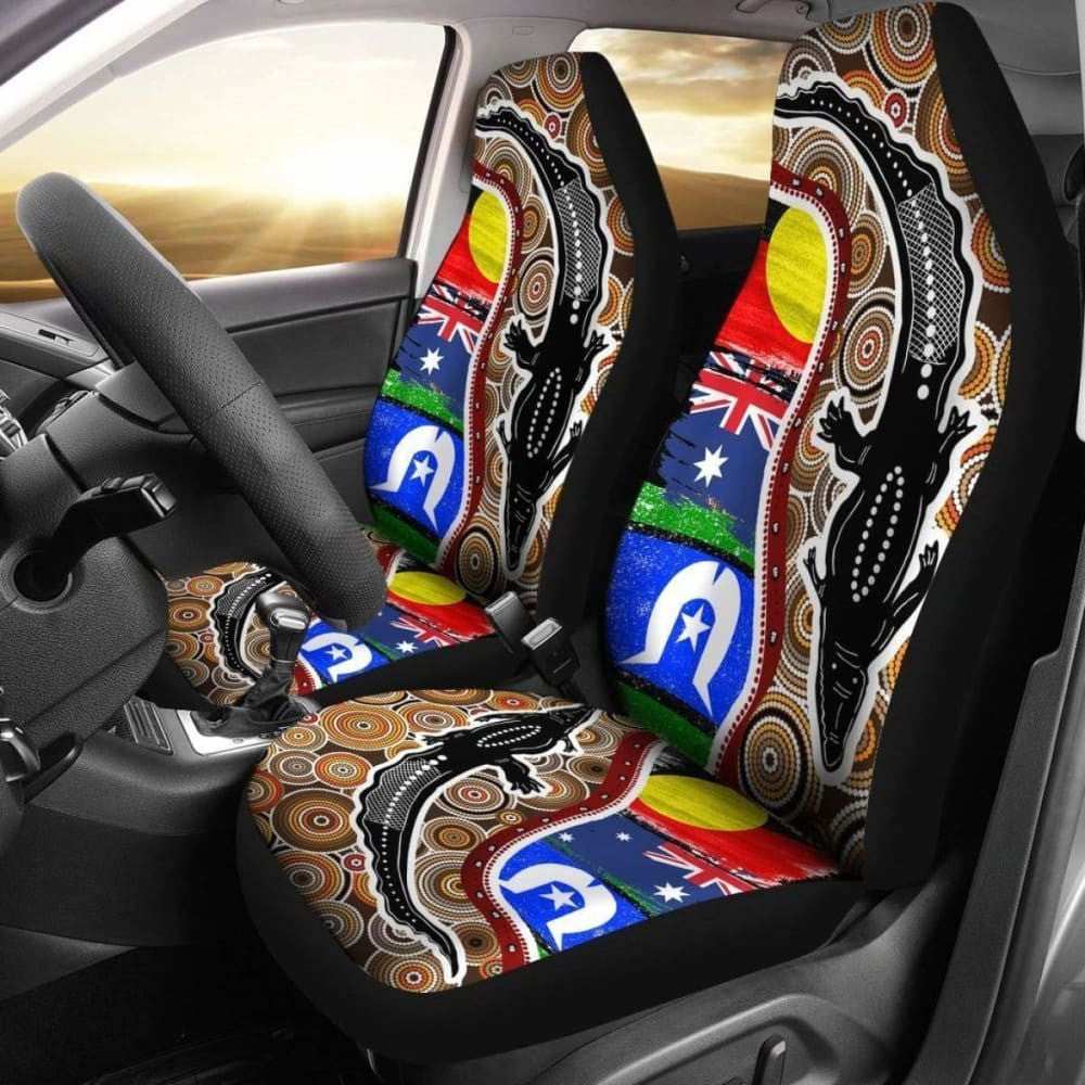 Australian \bCar Seat Covers - Australian Aboriginal Crocodile With Naidoc Flags -