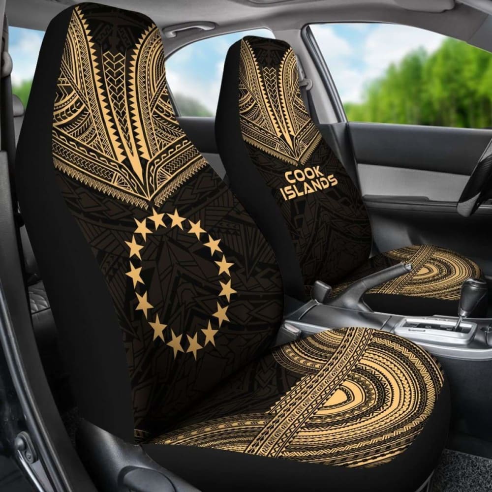 Cook Islands Car Seat Cover - Cook Islands Flag Polynesian Chief Tattoo Gold Version -