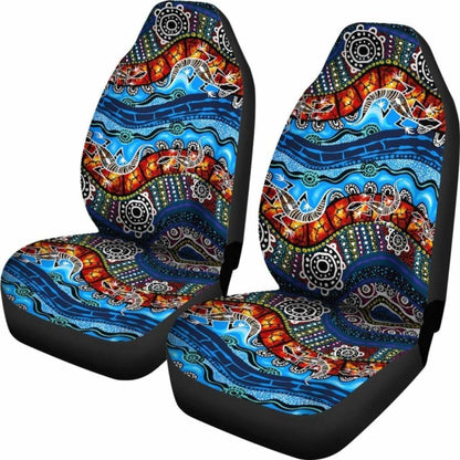 Australia Car Seat Covers - Aboriginal Lizard Dot Painting Blue Wave -