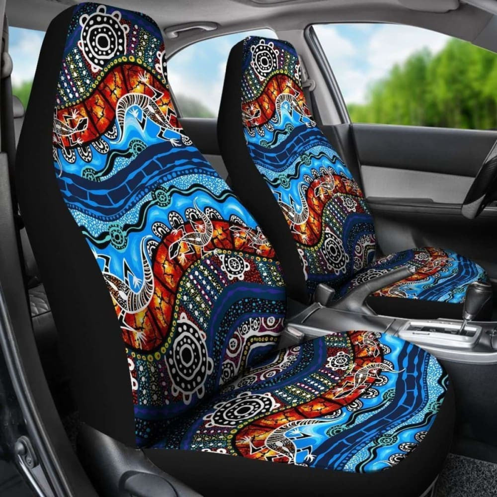 Australia Car Seat Covers - Aboriginal Lizard Dot Painting Blue Wave -
