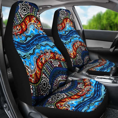 Australia Car Seat Covers - Aboriginal Lizard Dot Painting Blue Wave -