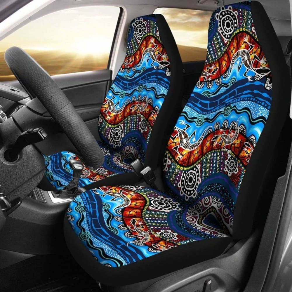 Australia Car Seat Covers - Aboriginal Lizard Dot Painting Blue Wave -