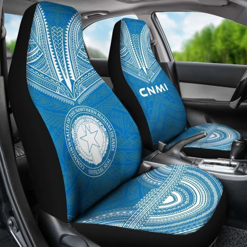 Northern Mariana Islands Car Seat Cover - C N M I Seal Polynesian Chief Tattoo Blue Version -