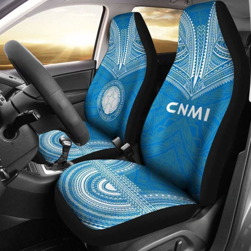 Northern Mariana Islands Car Seat Cover - C N M I Seal Polynesian Chief Tattoo Blue Version -