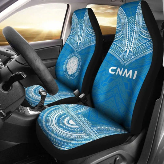 Northern Mariana Islands Car Seat Cover - C N M I Seal Polynesian Chief Tattoo Blue Version -