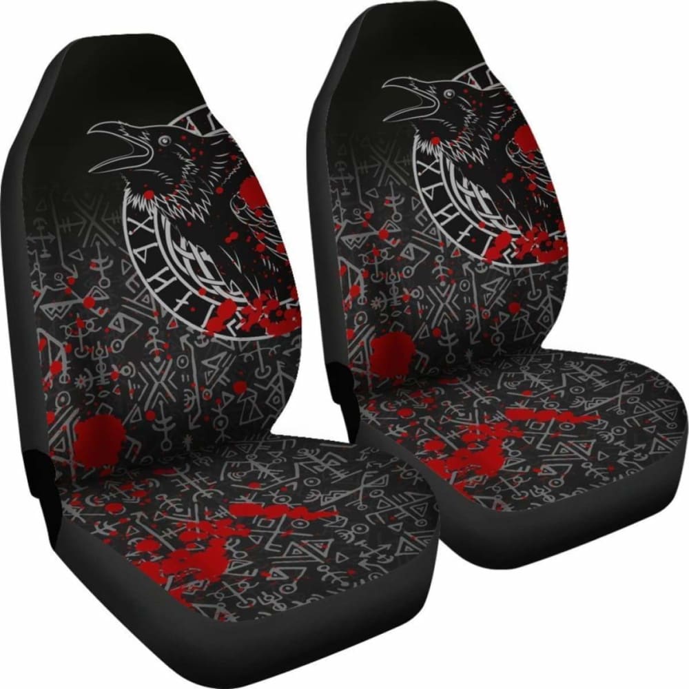 Vikings Car Seat Covers - Ravens And Vegvisir Tattoo Style Blood