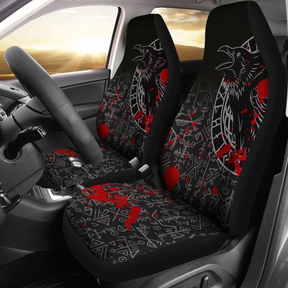 Vikings Car Seat Covers - Ravens And Vegvisir Tattoo Style Blood