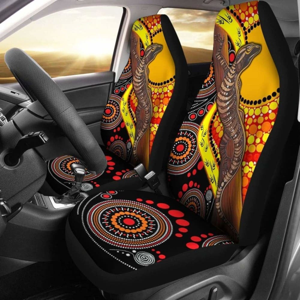 Australian \bCar Seat Covers - Australian Aboriginal Dot Painting Sun And Lizard -
