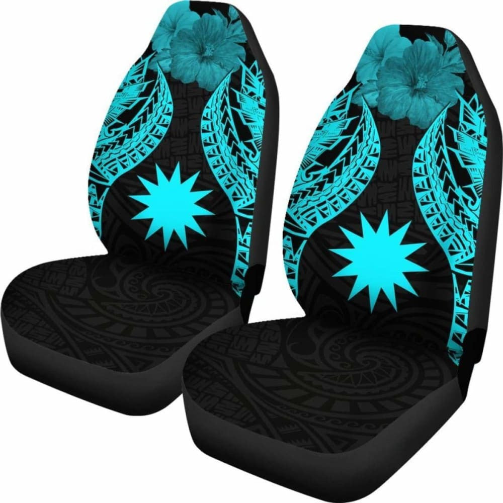Nauru Polynesian Car Seat Covers Pride Seal And Hibiscus Neon Blue -