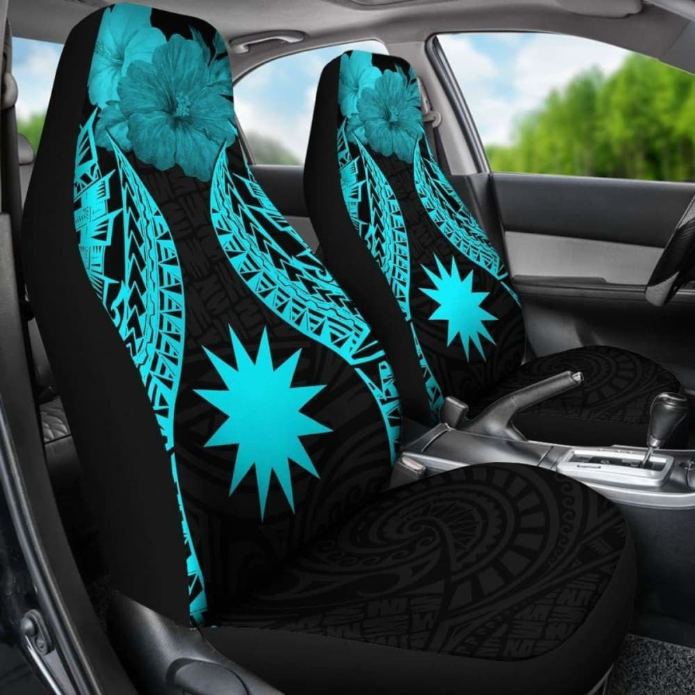 Nauru Polynesian Car Seat Covers Pride Seal And Hibiscus Neon Blue -