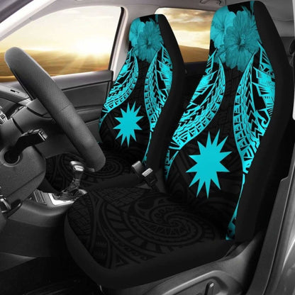 Nauru Polynesian Car Seat Covers Pride Seal And Hibiscus Neon Blue -