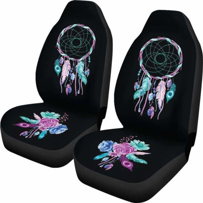Dreamcatcher Car Seat Covers Black With Teal, Purple And Blue Boho Flower Design