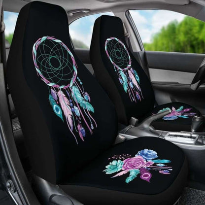Dreamcatcher Car Seat Covers Black With Teal, Purple And Blue Boho Flower Design