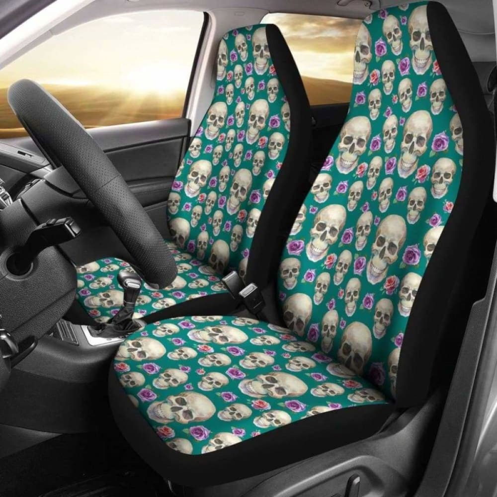 Teal With Skulls And Roses Car Seat Covers