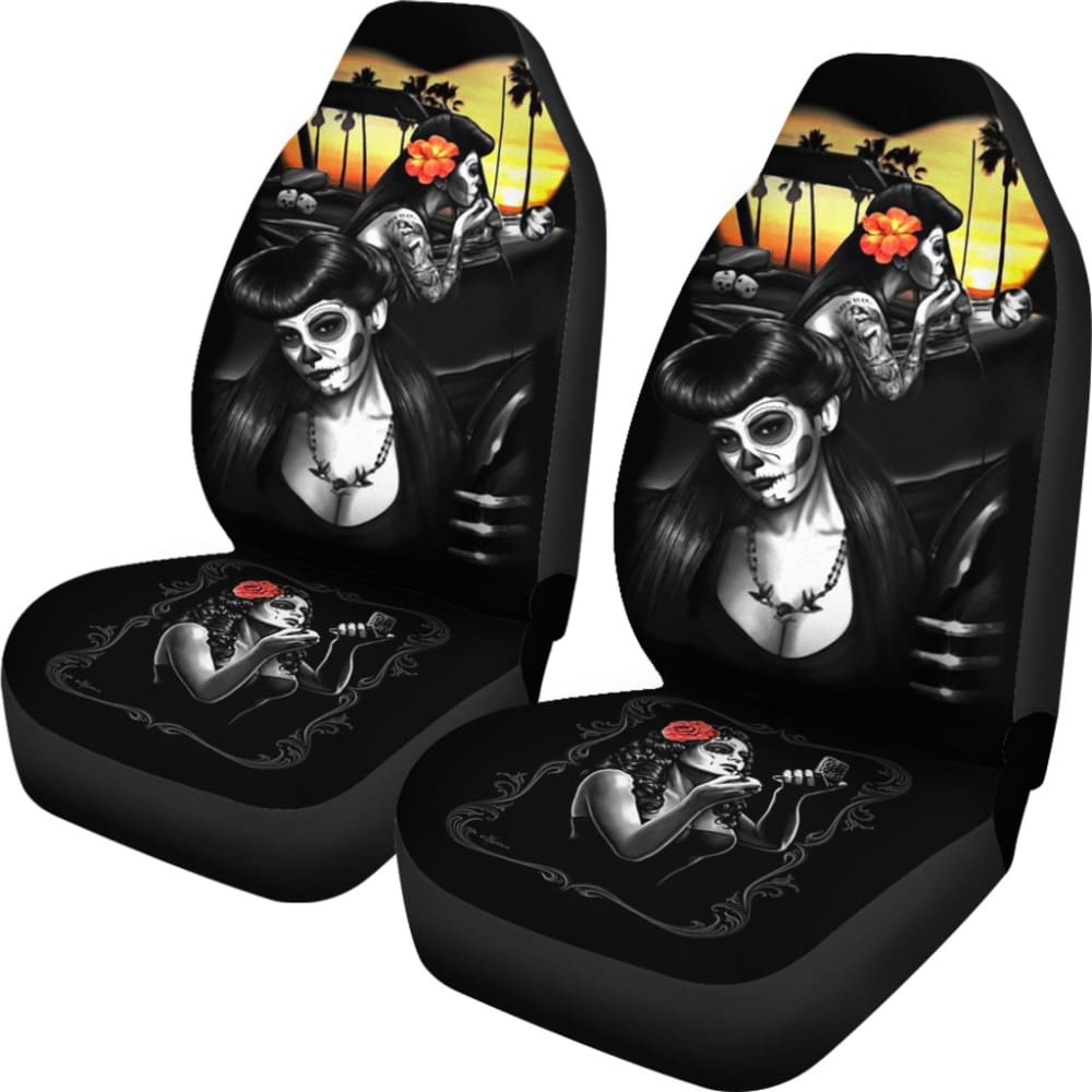 Amazing Couple Love Calavera Sugar Skull Style Car Seat Covers