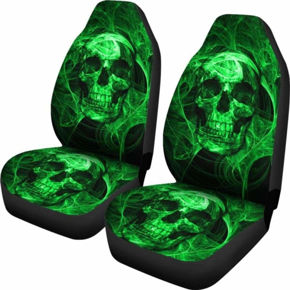 Set Of Green Flaming Fire Skull Car Seat Covers