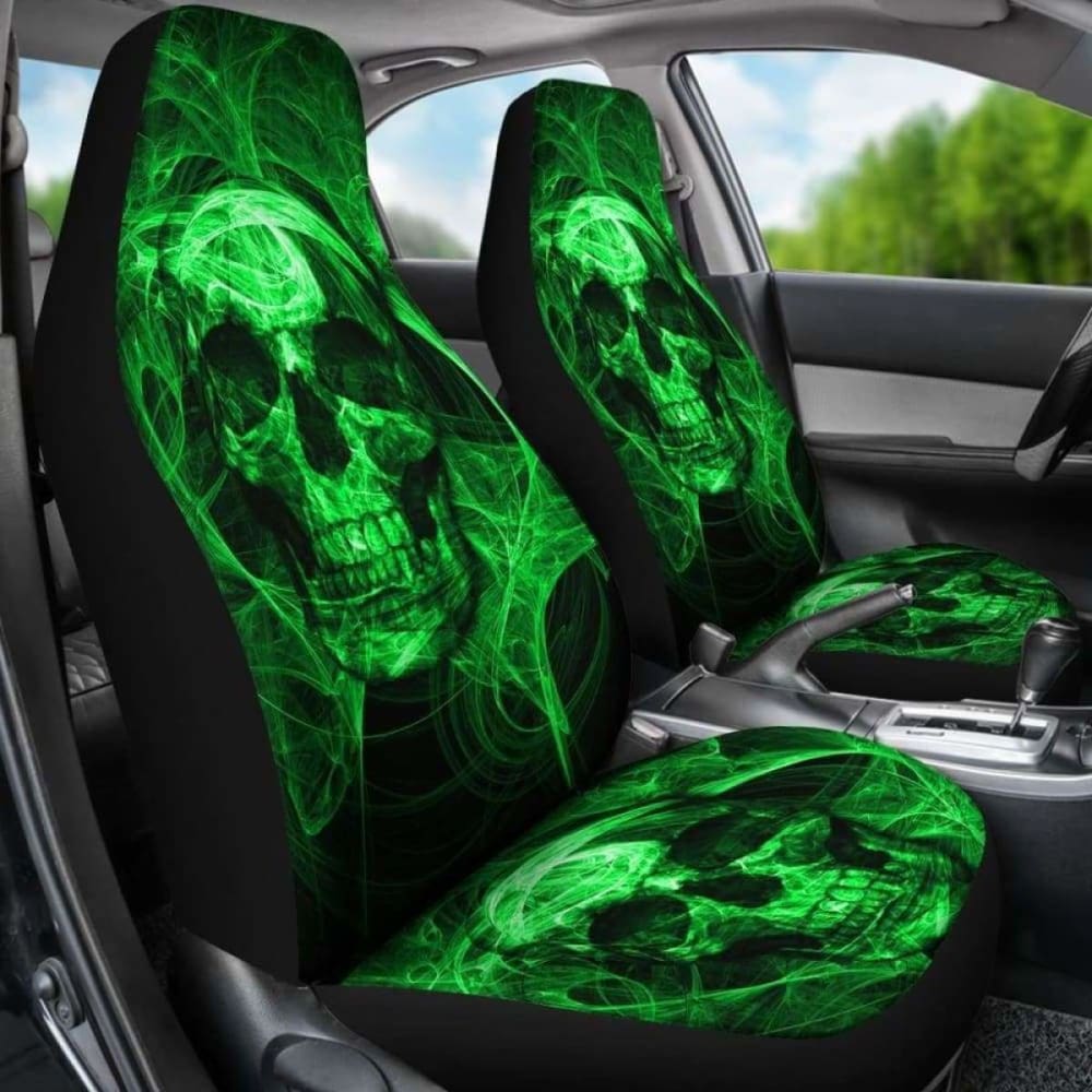 Set Of Green Flaming Fire Skull Car Seat Covers