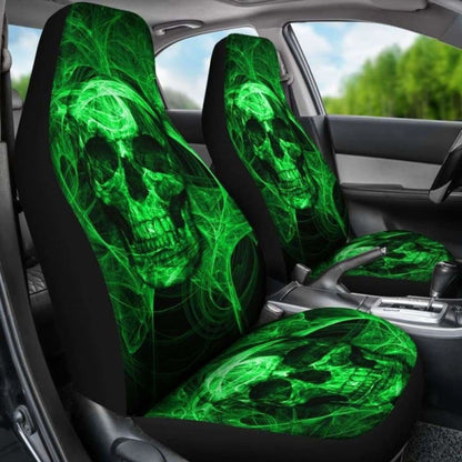 Set Of Green Flaming Fire Skull Car Seat Covers