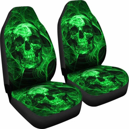 Set Of Green Flaming Fire Skull Car Seat Covers