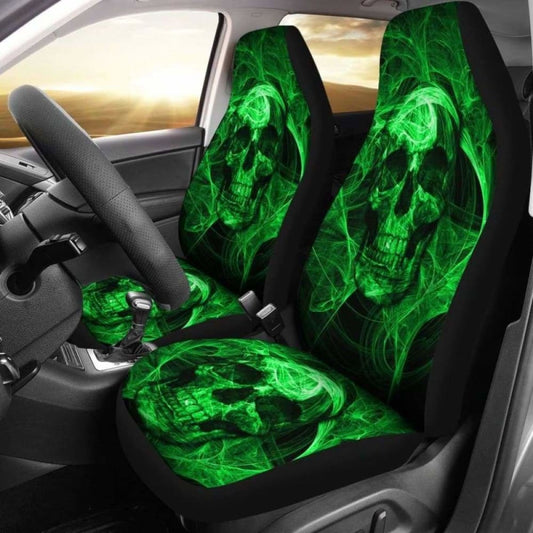 Set Of Green Flaming Fire Skull Car Seat Covers