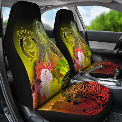 Pohnpei Car Seat Covers - Humpback Whale With Tropical Flowers (Yellow)-