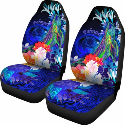 Pohnpei Car Seat Covers - Humpback Whale With Tropical Flowers (Blue)-