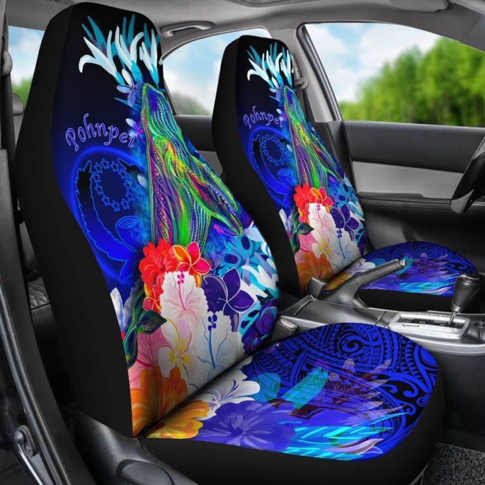 Pohnpei Car Seat Covers - Humpback Whale With Tropical Flowers (Blue)-