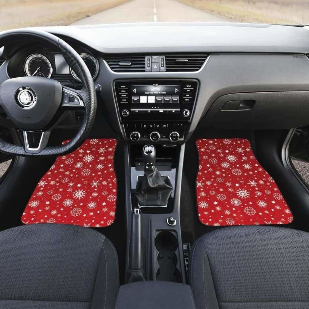 Snowflake Pattern Red Background Front And Back Car Mats