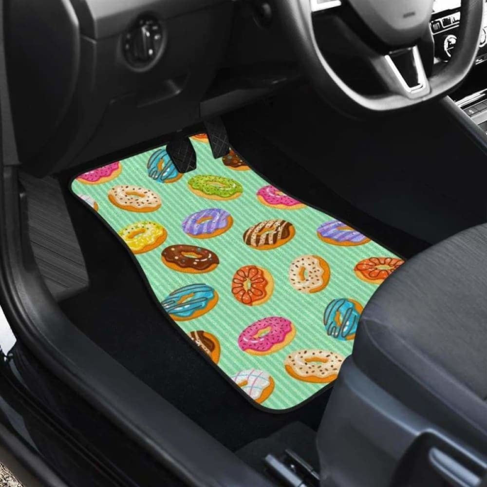 Colorful Donut Pattern Green Background Front And Back Car Mats