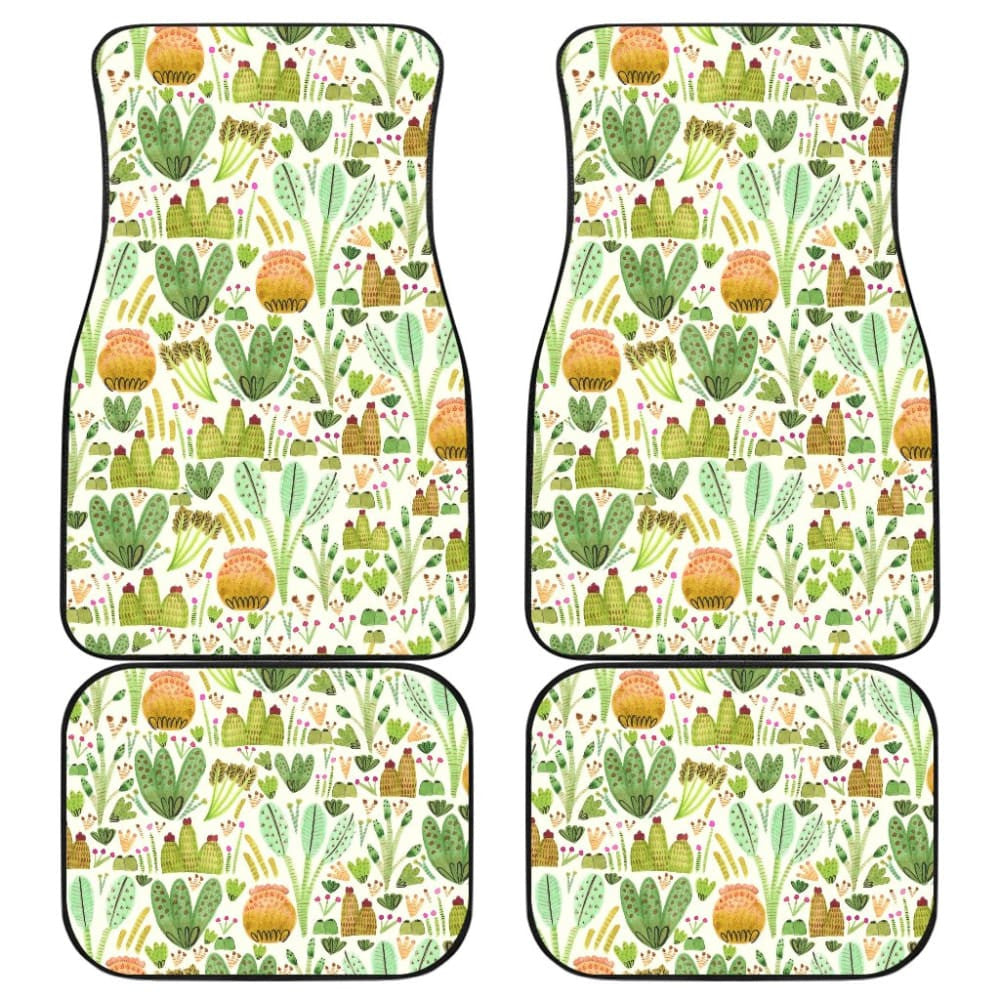 Car Floor Mats Green Flower Succulents and Cactus Doodle Pattern