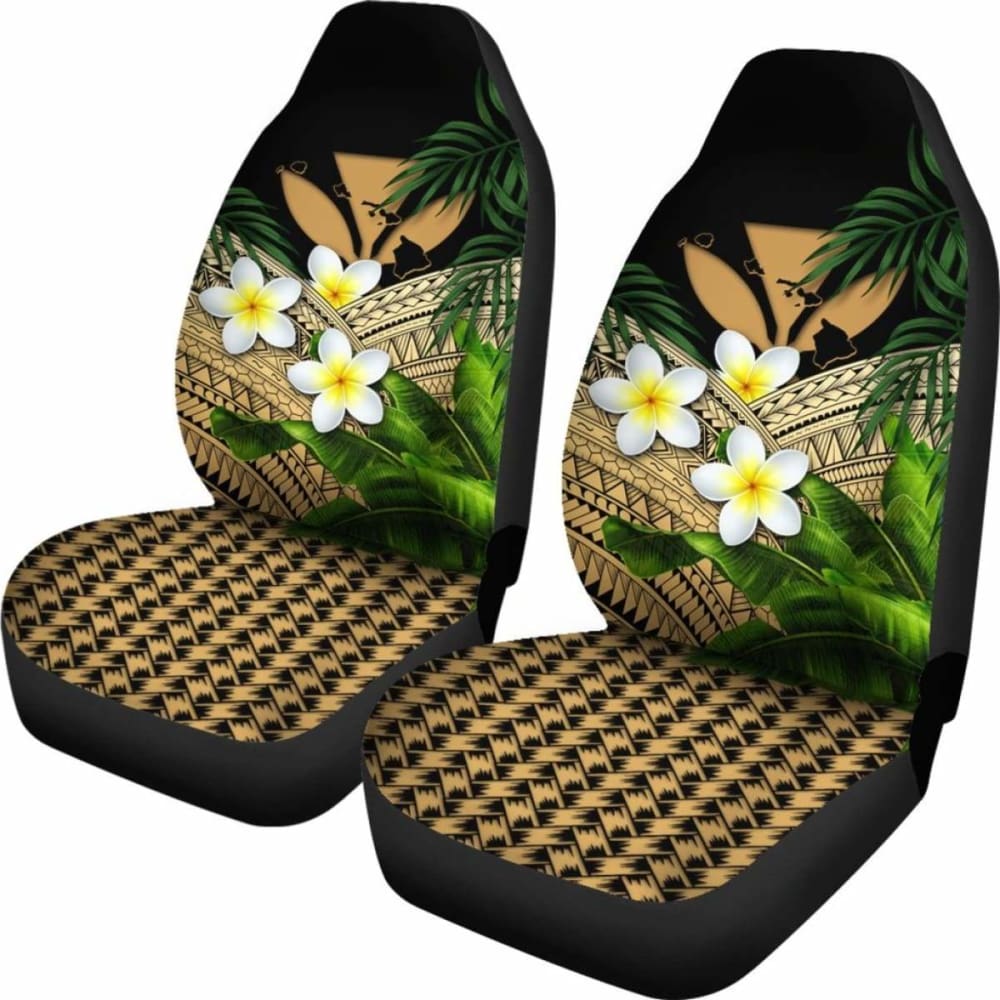 Kanaka Maoli (Hawaiian) Car Seat Covers, Polynesian Plumeria Banana Leaves Gold