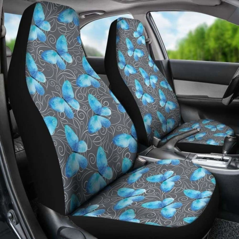 Dark Gray White Leaves Background With Blue Butterfly Car Seat Covers