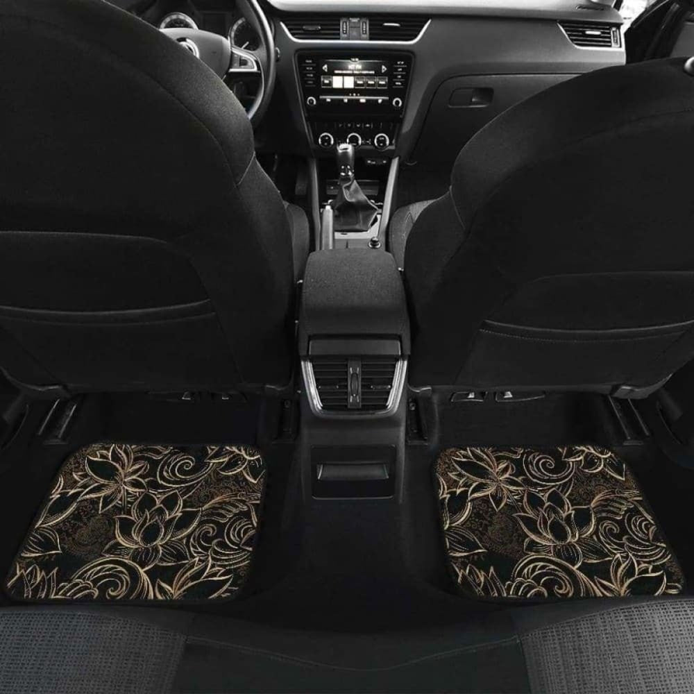 Luxurious Gold Lotus Waterlily Black Background Front And Back Car Mats