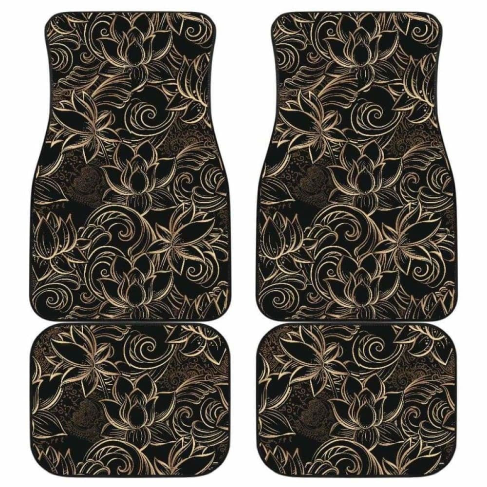 Luxurious Gold Lotus Waterlily Black Background Front And Back Car Mats