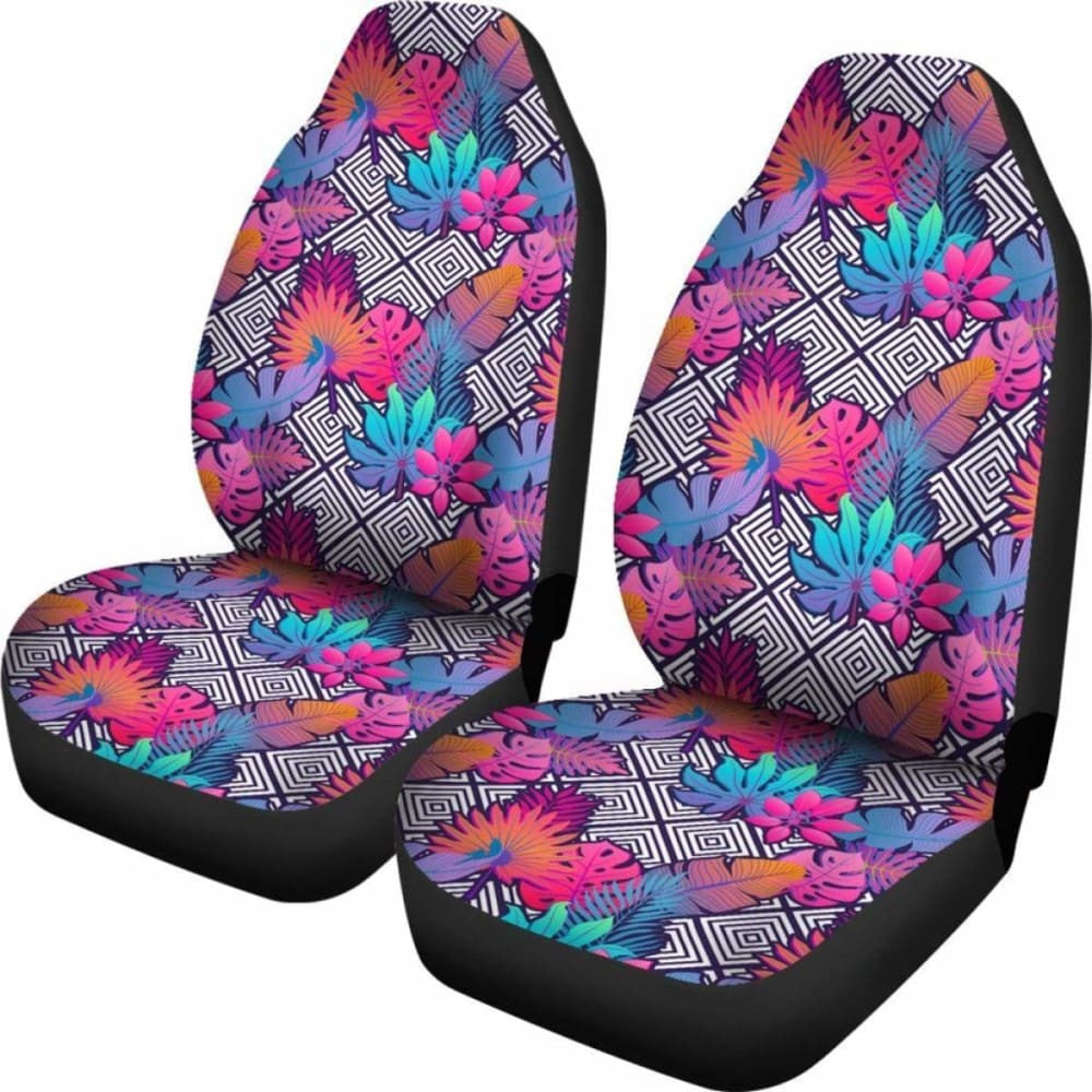 Hawaiian Tropical Exotic Leaves And Flowers On Geometrical Ornament. Car Seat Cover -