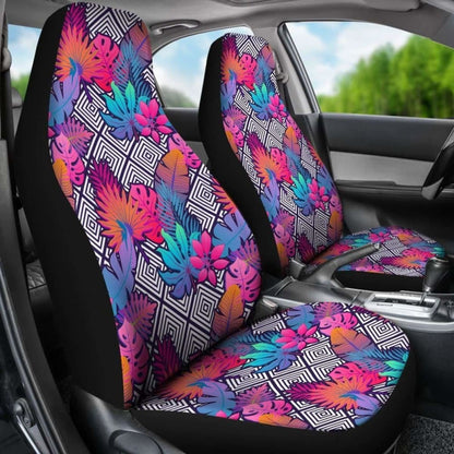 Hawaiian Tropical Exotic Leaves And Flowers On Geometrical Ornament. Car Seat Cover -